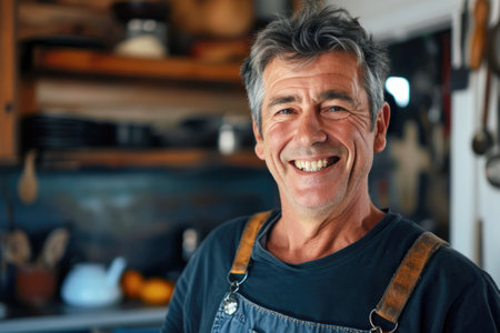 Portrait of happy mature man in apron standing in coffee shopの素材