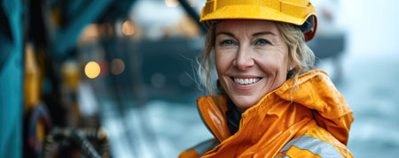 Portrait of mature female engineer in yellow safety helmet looking at cameraの素材