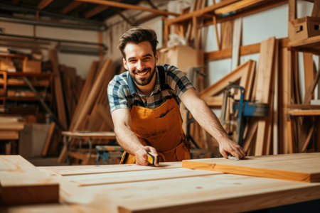 Portrait of a handsome carpenter in apron working with wood in workshopの素材