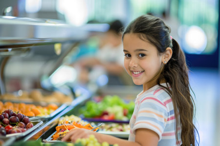 Portrait of cute little girl with fresh fruits and vegetables in supermarketの素材