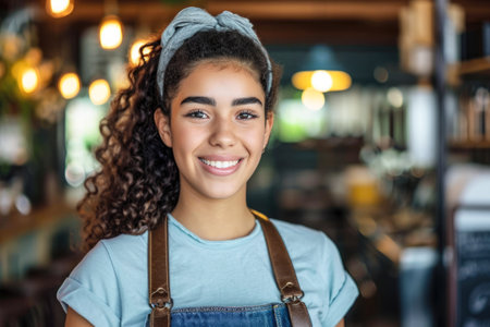 Portrait of smiling waitress standing in coffee shop. Smiling waitress looking at cameraの素材