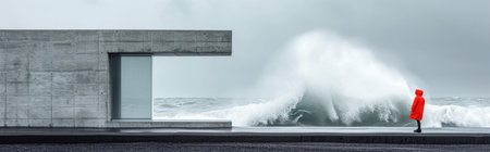 Conceptual image of a man standing in front of a huge stormy waveの素材
