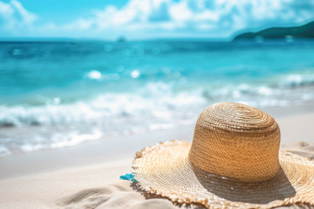 Straw hat on tropical beach with blue sea and sky background.の素材