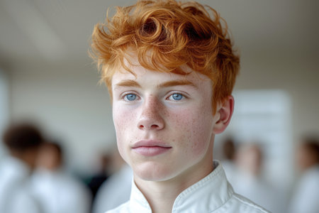 Portrait of red haired boy with freckles looking at cameraの素材