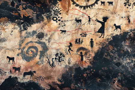 Abstract background with silhouettes of children and animals on grunge paperの素材