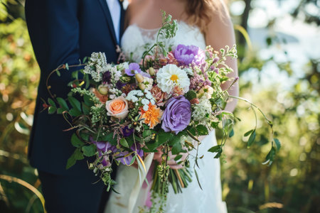 Beautiful wedding bouquet in hands of the bride and groom.の素材