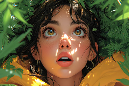 Surprised girl in the jungle. 3d illustrations. Conceptual image.の素材