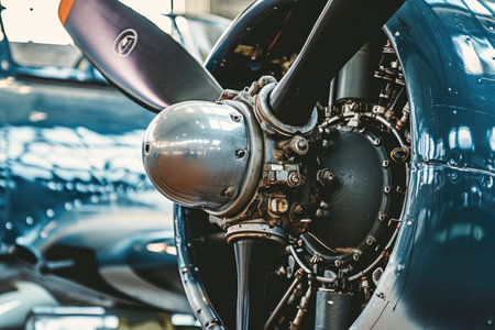 Close up of vintage airplane engine - vintage filter effect and sunflare effectの素材