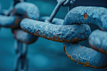 Close-up of a blue chain link on a blue background.の素材