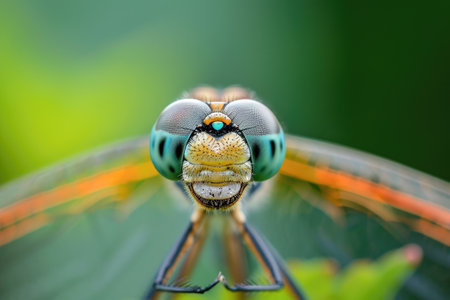 Close up of a blue dragonfly on a green leaf in natureの素材