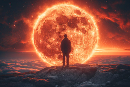 Man looking at the big red moon. 3D rendering.の素材