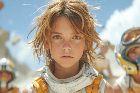 Cute girl with freckles on her face in an astronaut helmet.の素材