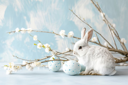 Cute Easter bunny with eggs and flowers on table. Space for textの素材