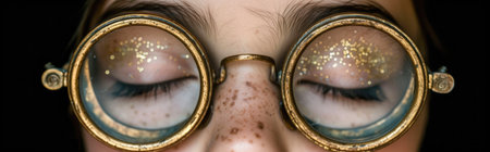 Close-up of a girl's eyes in vintage glasses.の素材