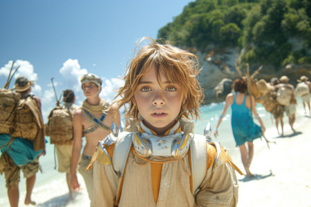 Portrait of a little boy on the beach with his friends.の素材