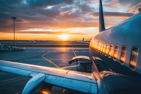 Airplane in the airport at sunset. Concept of travel and vacation.の素材