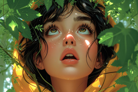 Fantasy portrait of a beautiful girl in a yellow raincoat.の素材