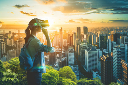 Woman using virtual reality headset or 3D glasses over cityscape at sunsetの素材