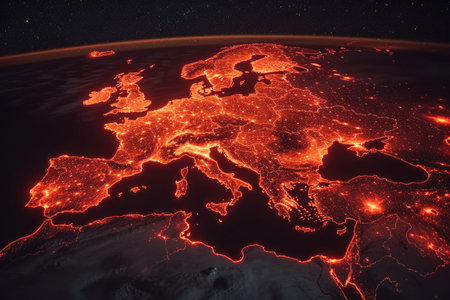 Europe at night as seen from space on planet Earth. 3D illustrations.の素材