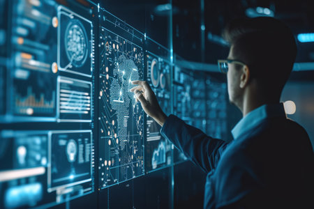 businessman working with virtual panel on dark office background, future technology conceptの素材