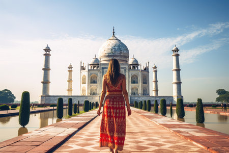 A young woman in a long dress is standing at the Taj Mahal in Agra, India.の素材