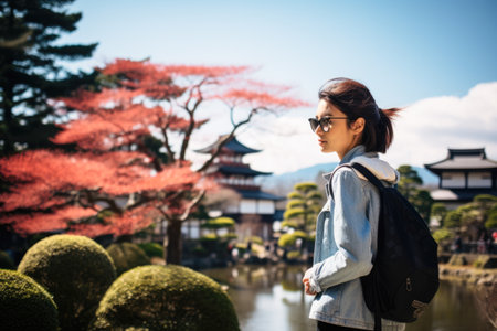 Young asian woman traveler in kyoto japanese gardenの素材