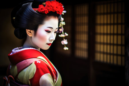 Beautiful geisha in traditional kimono on a dark backgroundの素材