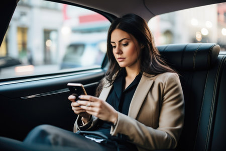Beautiful young business woman using mobile phone while sitting in the carの素材