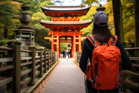 Woman traveler with backpack and red torii gate at Kiyomizu-dera temple in Kyoto, Japanの素材