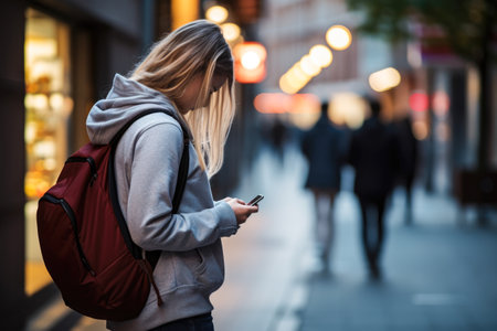 A young woman with a backpack using a mobile phone in the city.の素材