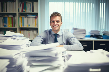 Smiling young businessman sitting at his desk in office and looking at cameraの素材