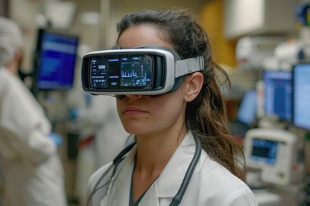 Female doctor wearing virtual reality goggles at the hospital. Medical technology.の素材
