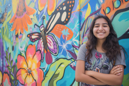 Portrait of a beautiful young latin woman smiling against a graffiti wallの素材