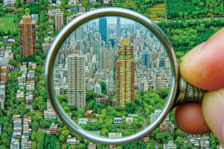 Magnifying glass over the city with green trees and skyscrapersの素材