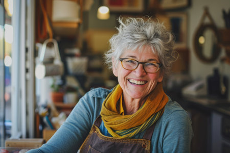 Portrait of smiling senior woman in apron at counter in coffee shopの素材