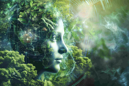 Abstract image of a female head in a green environment. 3D renderingの素材