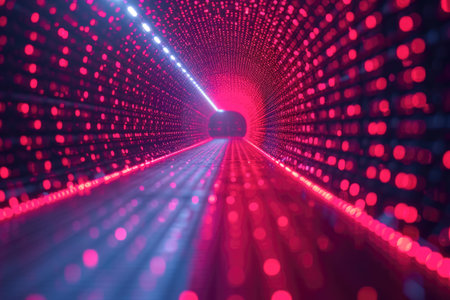 3d illustration of abstract tunnel with glowing lights in red and blue colorsの素材
