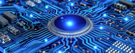 Close-up view of a printed circuit board. 3d renderingの素材