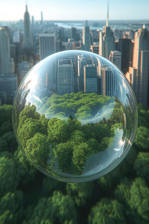 Glass sphere with green forest and city skyline. 3D renderingの素材