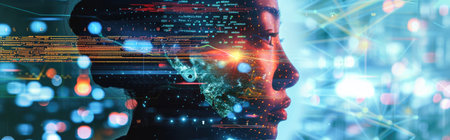 Cyber security and data protection concept. 3d rendering double exposureの素材