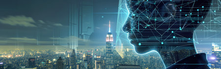 Double exposure of man's head and cityscape background. Artificial intelligence conceptの素材