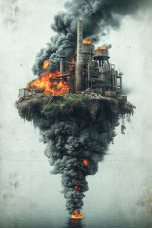 Image of industrial building with smoke rising from chimney. Global warming conceptの素材