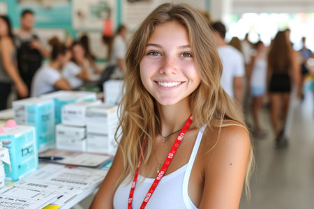 Portrait of a beautiful young woman at the counter of a storeの素材