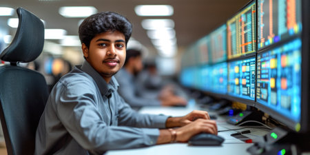 Portrait of young Indian businessman sitting in front of computer monitorsの素材