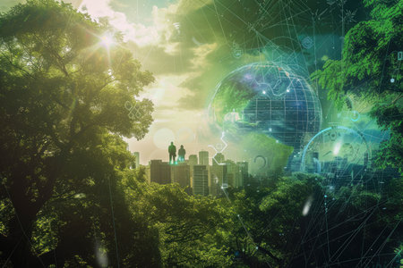 Double exposure of cityscape with world map and green forest and sunlightの素材