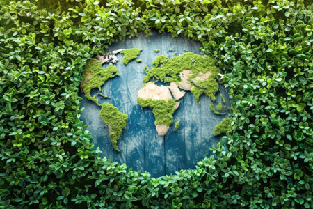 Green leaf and world map on wooden background. World environment day concept.の素材