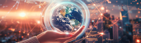 View of a Businessman holding Earth globe on a futuristic interface 3d renderingの素材
