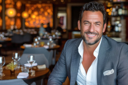Portrait of handsome man smiling at camera in a classy restaurant.の素材