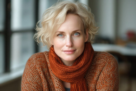 Portrait of a beautiful middle-aged woman wearing a scarf and a knitted sweaterの素材