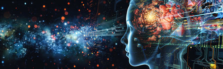 3D rendering of artificial intelligence concept with human head and media iconsの素材